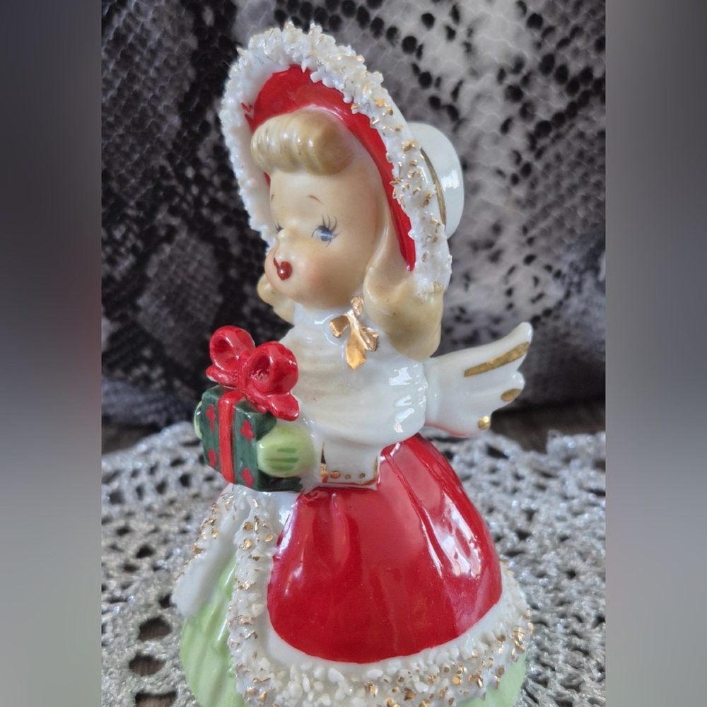 Lefton Christmas Girl Bell Figurine MCM 1950s Vintage Angel Sugared Trim w gift - Picture 2 of 7
